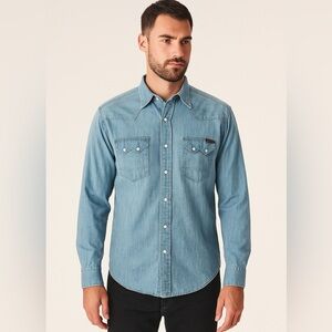 CIVILIANAIRE Western Denim Pearl Snap Shirt Small Sawtooth Cowboy Core USA